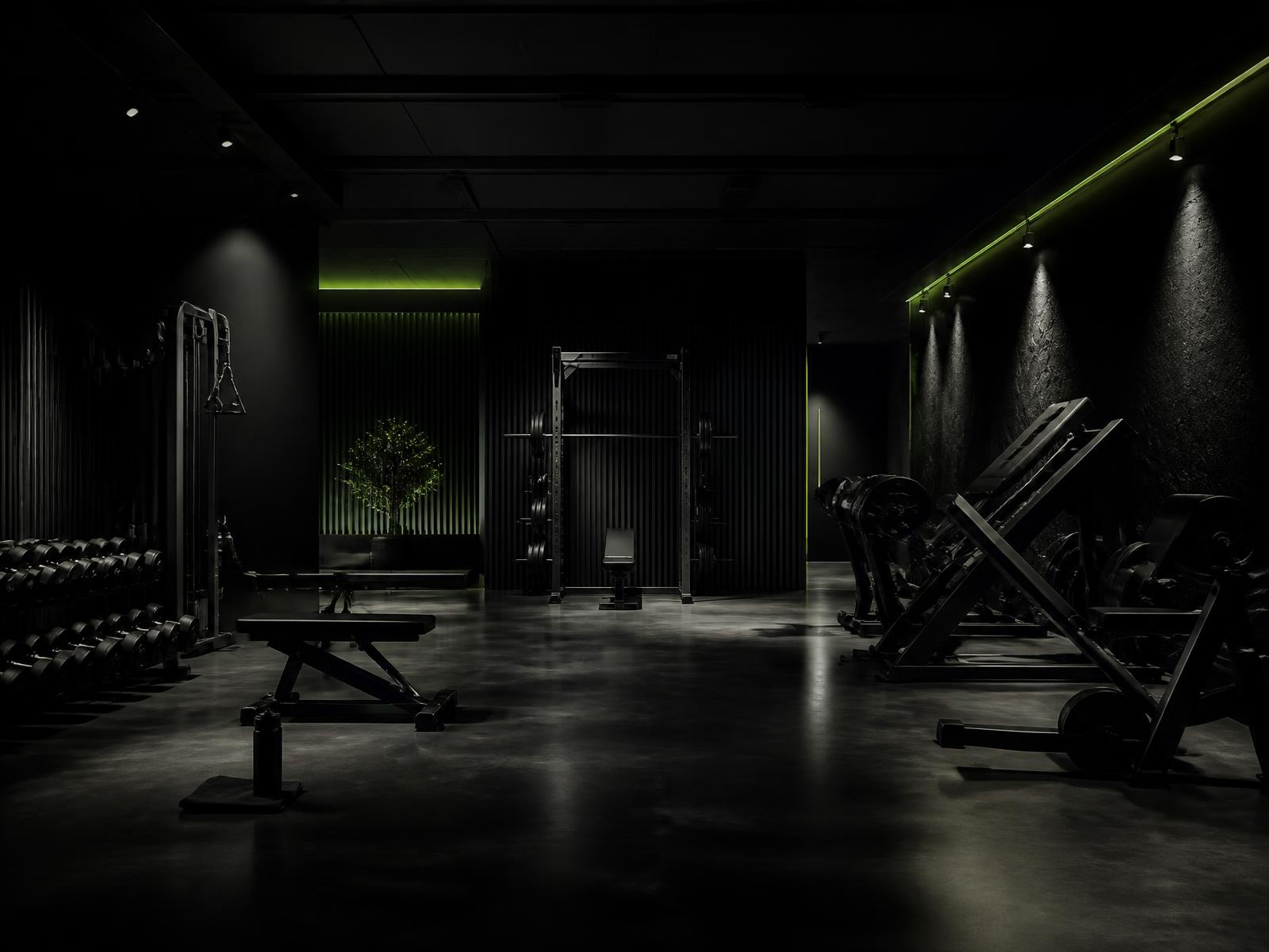 Imagen conceptual de un gimnasio moderno en tonos negros y antracita con luz verde